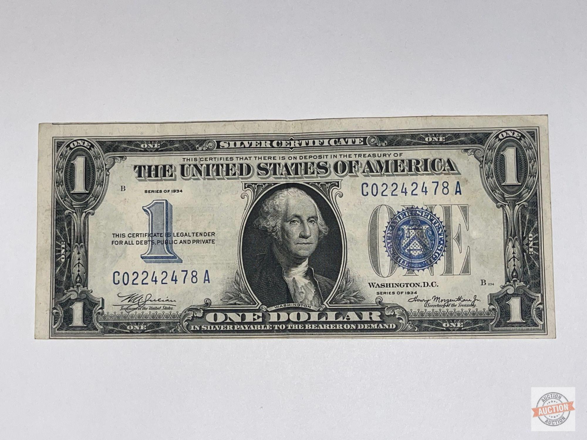 Currency - 1934 US $1 Blue seal silver certificate, Funny back, off set print error