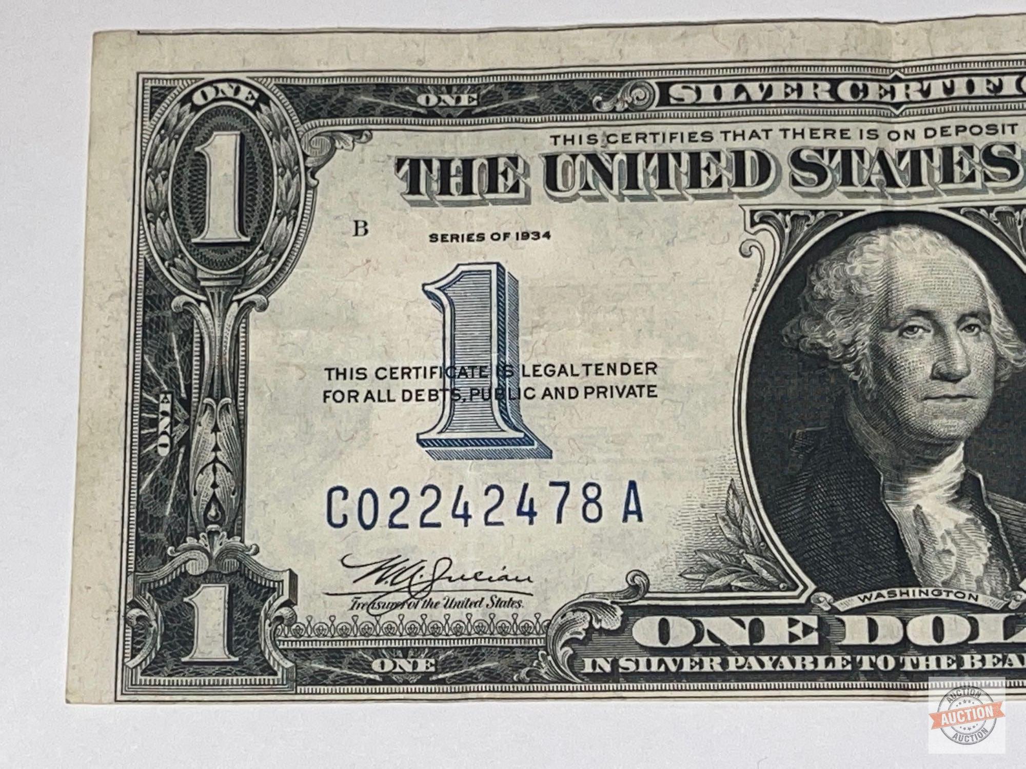 Currency - 1934 US $1 Blue seal silver certificate, Funny back, off set print error