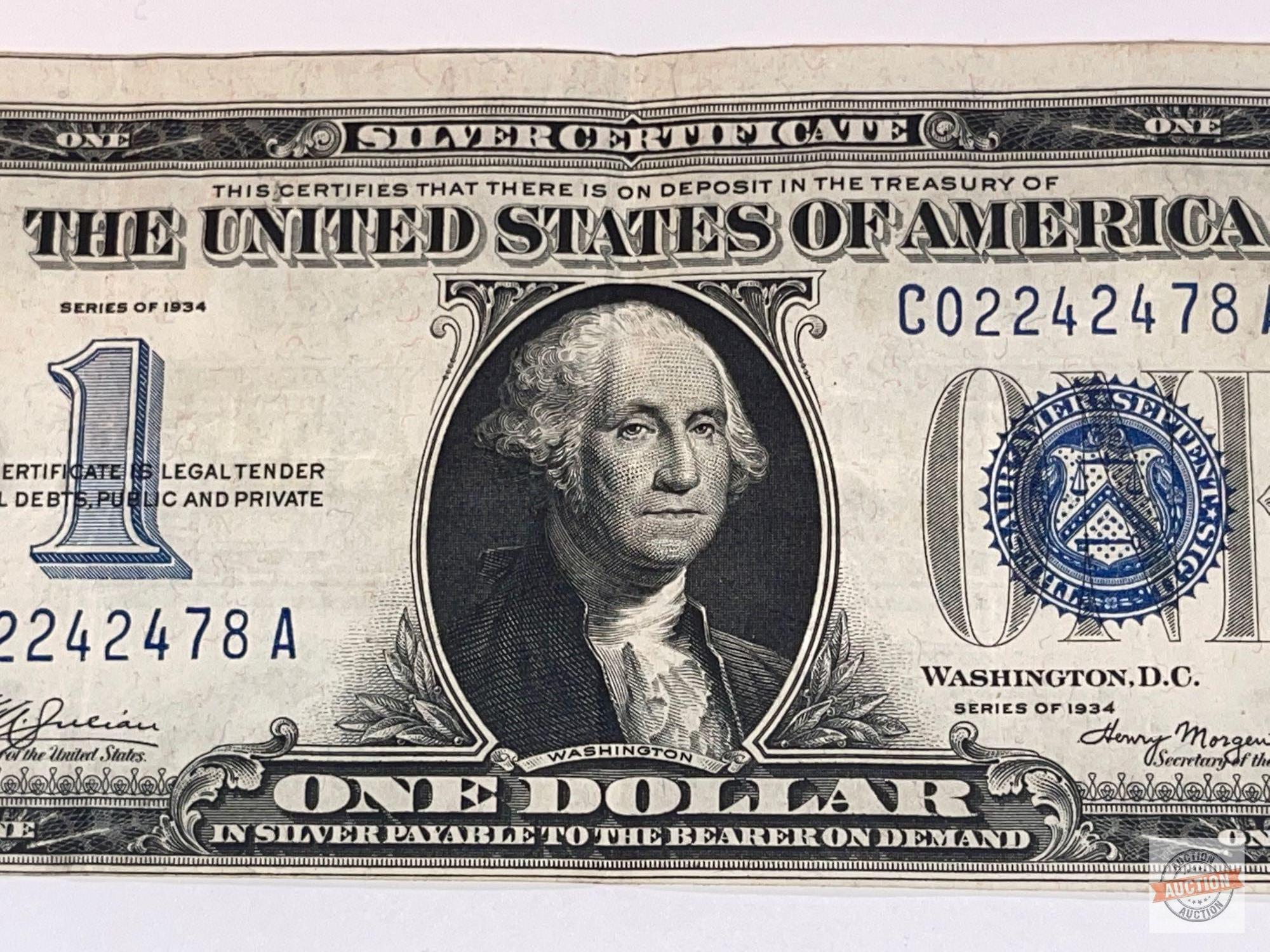 Currency - 1934 US $1 Blue seal silver certificate, Funny back, off set print error