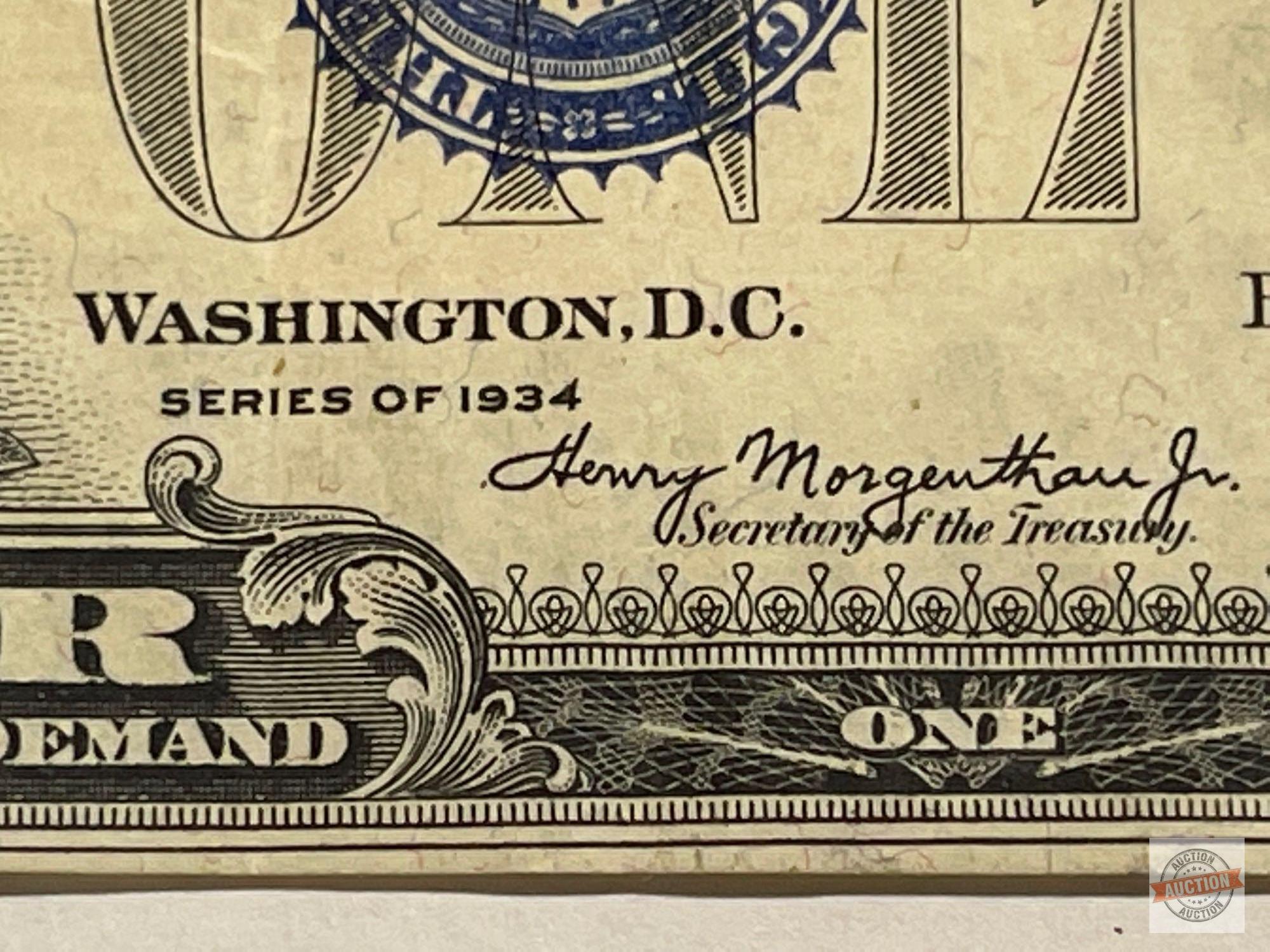 Currency - 1934 US $1 Blue seal silver certificate, Funny back, off set print error