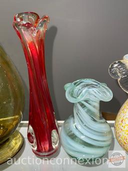 5 Art glass vases, some hand blown, 20.5" tall amber color, 3.5", 5.5", 6.5", 9"