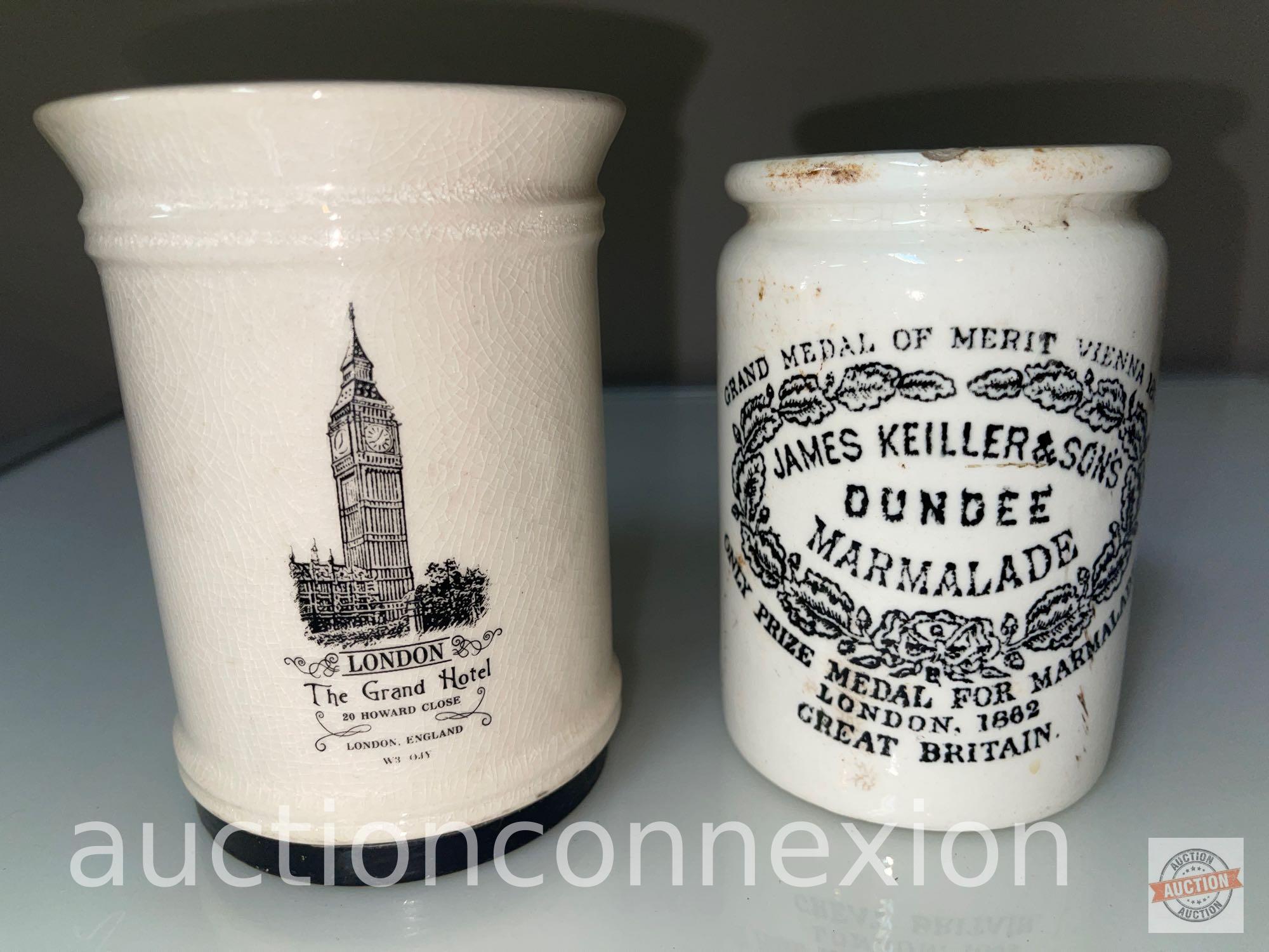 3 England dishware - James Keiller & Sons Dundee Marmalade jar, The Grand Hotel London (remake) &