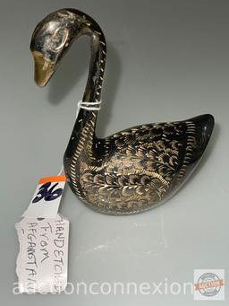 Swan, hand etched metal figure, Afghanistan, 4.25"h