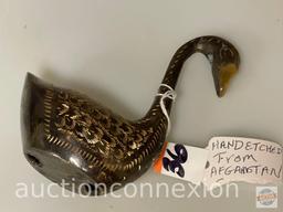 Swan, hand etched metal figure, Afghanistan, 4.25"h