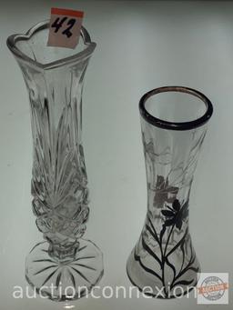 2 Vintage Bud vases - Silver overlay 6.5"h & crystal 8.5"h