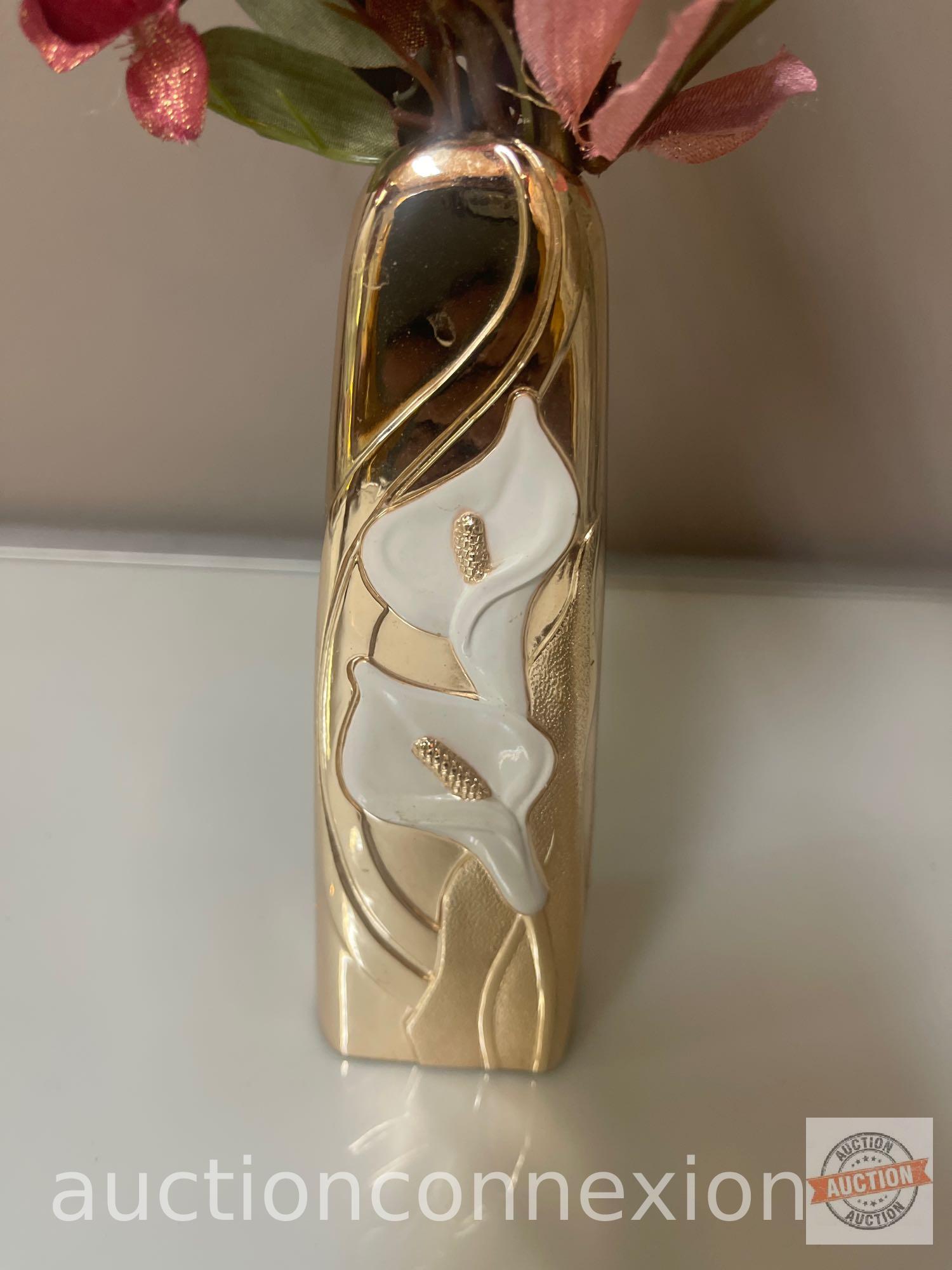 2 Asian motif vases - Goldimari Hand painted w/ birds 9.5"h & Metal Calla Lily motif