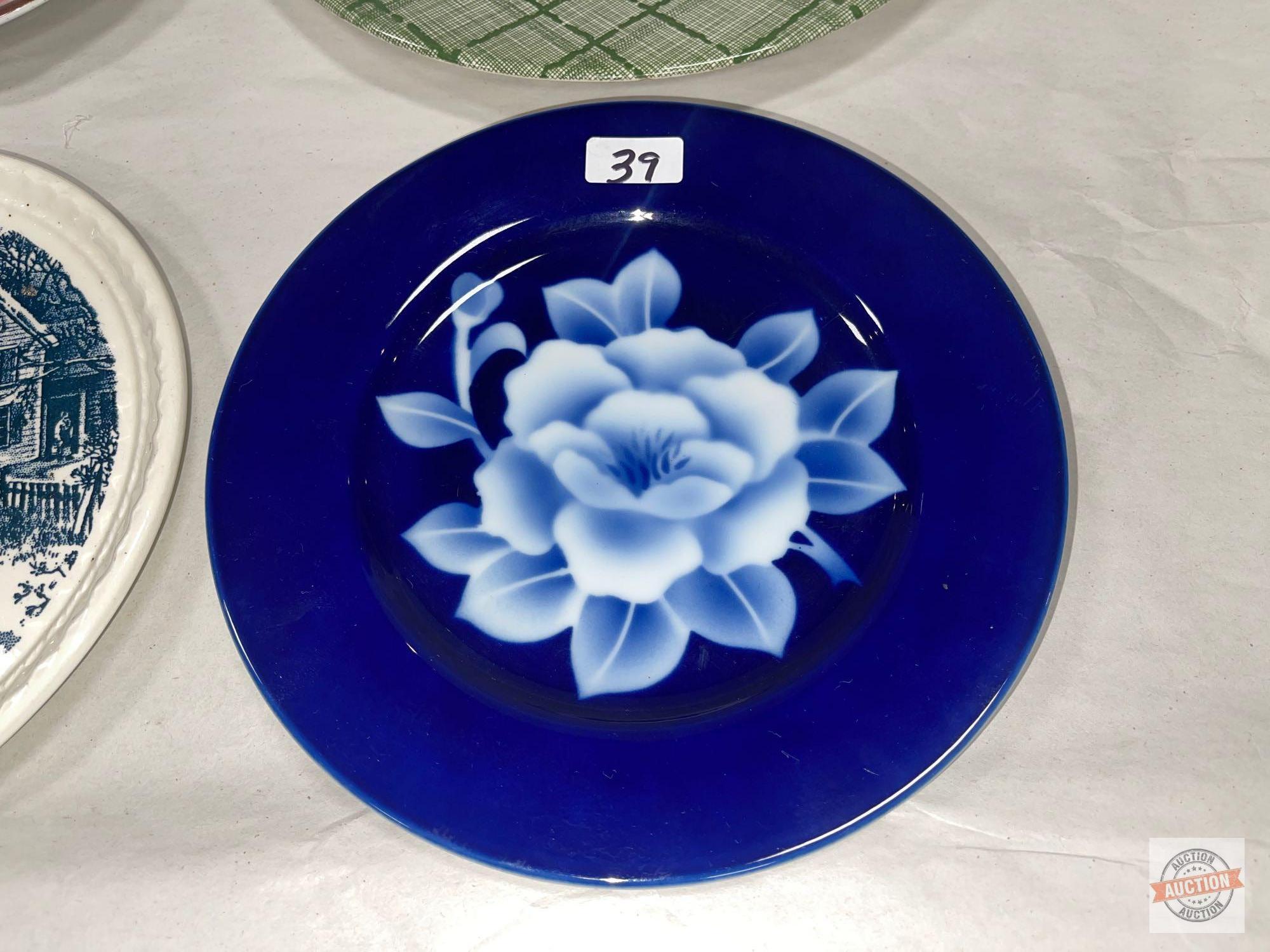 Dish ware - 4 Plates, Currier & Ives design 7 5/8"w and Takaheshi Peony in Glaze 7.5"w, Green Harmon