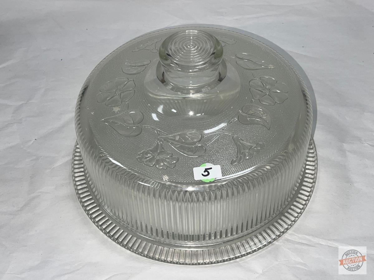 Glassware - Covered cake plate, 12" round w/embossed design