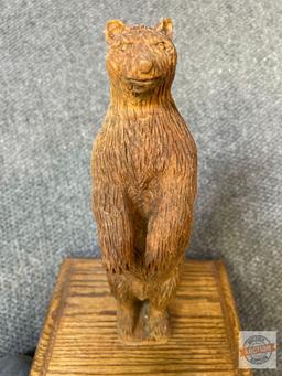 Carved Wooden Bear statue, 14"h on oak base, 9.5"square