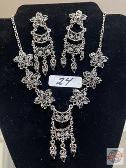 Jewelry - Rhinestone costume necklace with matching earrings, missing a dangle on earring