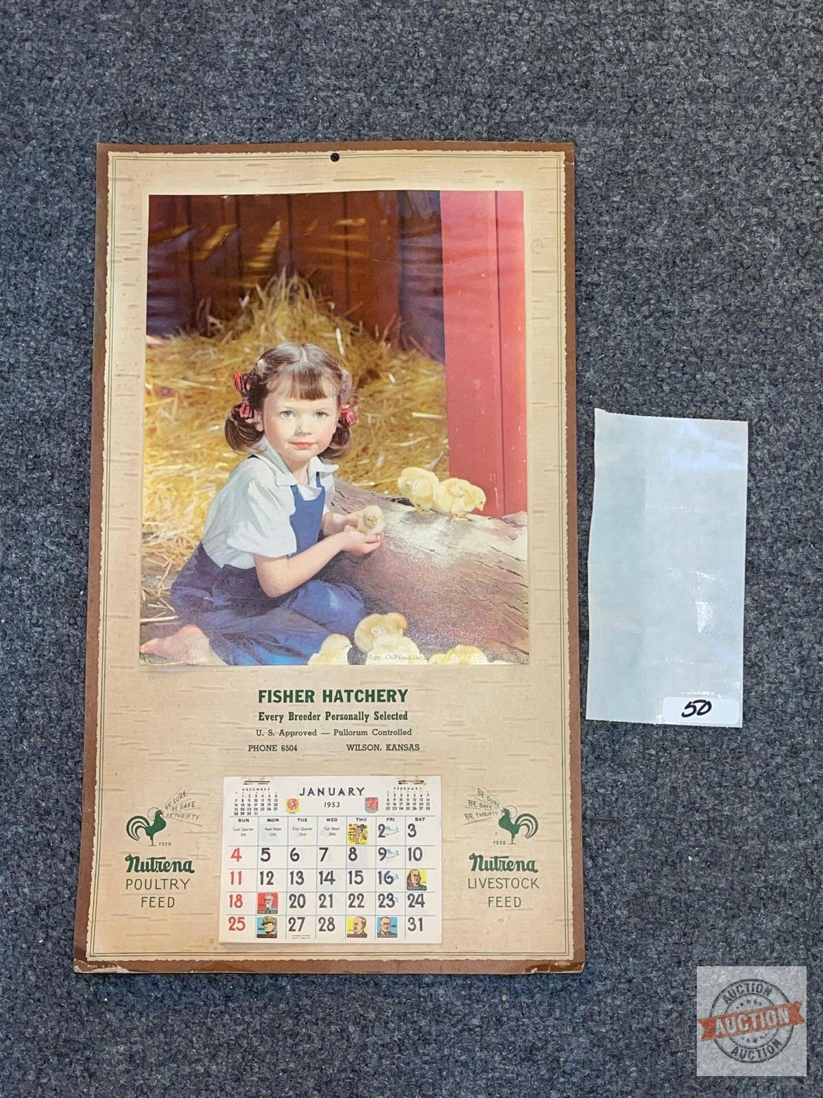 Ephemera - 1953 wall advertising calendar, Fisher Hatchery, Wilson, Kansas