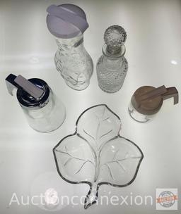 Glassware 5 - Leaf nut dish, 2 syrup dispensers and 2 cruets