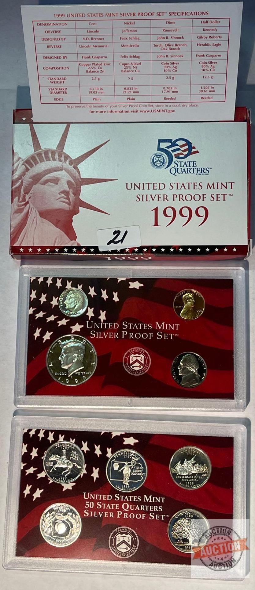 Silver - 1999s US Mint Silver Proof Set, 9 coins (7-90% silver)