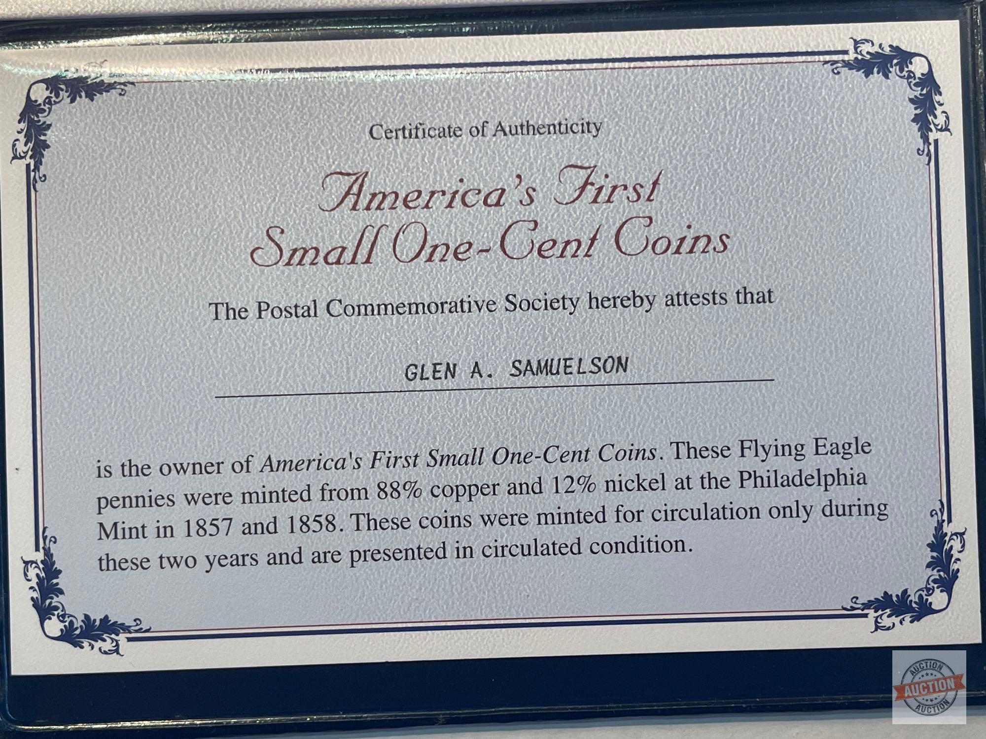 One-Cent - 2 coins - 1857 and 1858 Flying Eagle, America's First Small One-Cent Coins - PCS Folio