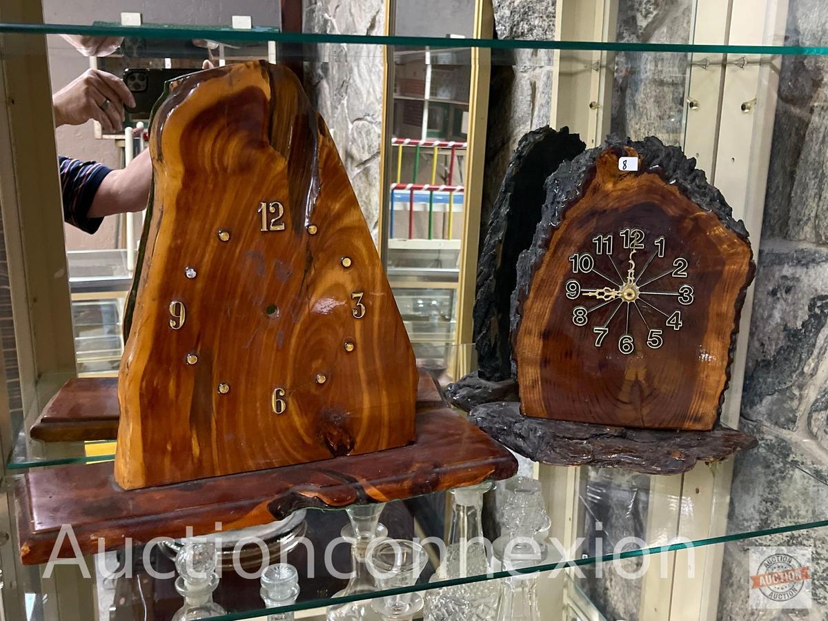 Clocks - 2 Large Redwood slab clocks, 1 no works