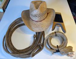 Western straw hat, rope, boot jack and lasso