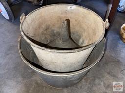 2 Vintage Galvanized Farmhouse pails with bail handles and large galvanized funnel