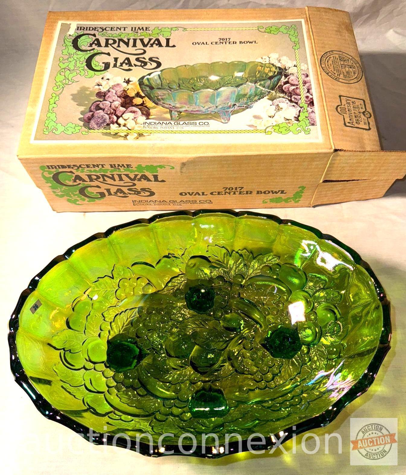 Carnival Glass, 1970's Green oval center bowl in original box