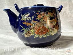 Asian Tea set, 5 pc teapot and 4 cups, blue with peacocks, Japan