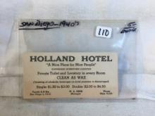Collector Vintage 1940's San Diego Holland Hotel Card - See Picture