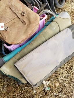 PINK TOTE OF HORSE TACK: HALTERS, STIRRUPS, AND MORE AND 3 SADDLE PADS