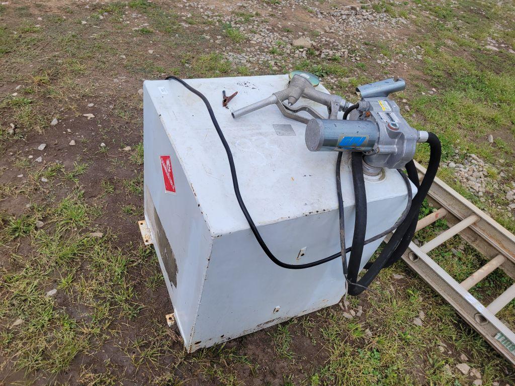 50 GALLON SQUARE FUEL TANK WITH PUMP, HOSE, AND NOZZLE