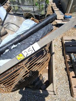 CRATE OF FAN, PTO SHAFT, PLASTIC MISC, AND MORE