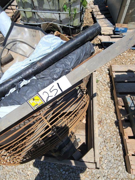 CRATE OF FAN, PTO SHAFT, PLASTIC MISC, AND MORE