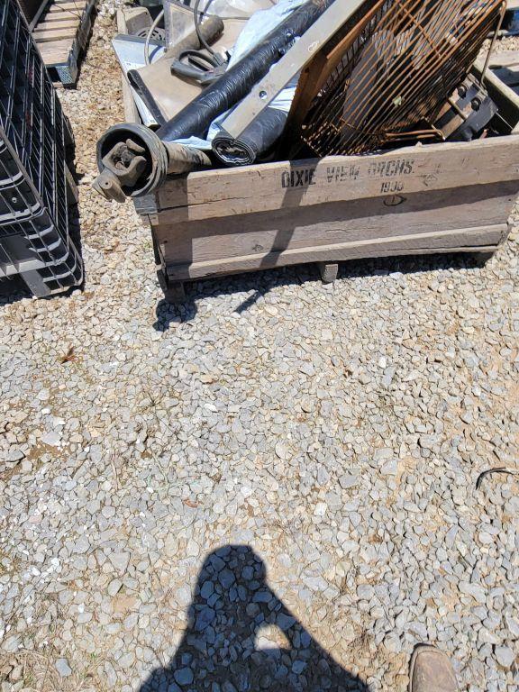 CRATE OF FAN, PTO SHAFT, PLASTIC MISC, AND MORE