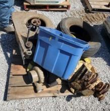 PALLET OF HOLSET TURBO, SQUIREL FAN, HITCHES, AND MORE