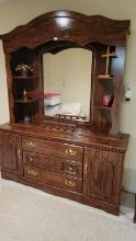 NICE WOODEN DRESSER WITH MIRROR, ( 5 DRAWERS), SHELVING AROUND MIRROR