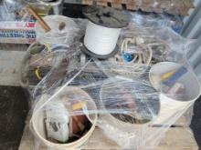 PALLET OF BUCKETS CONTAINING LOCKS, CHAINS, ROPE, MISC ITEMS (GARAGE SELLOU