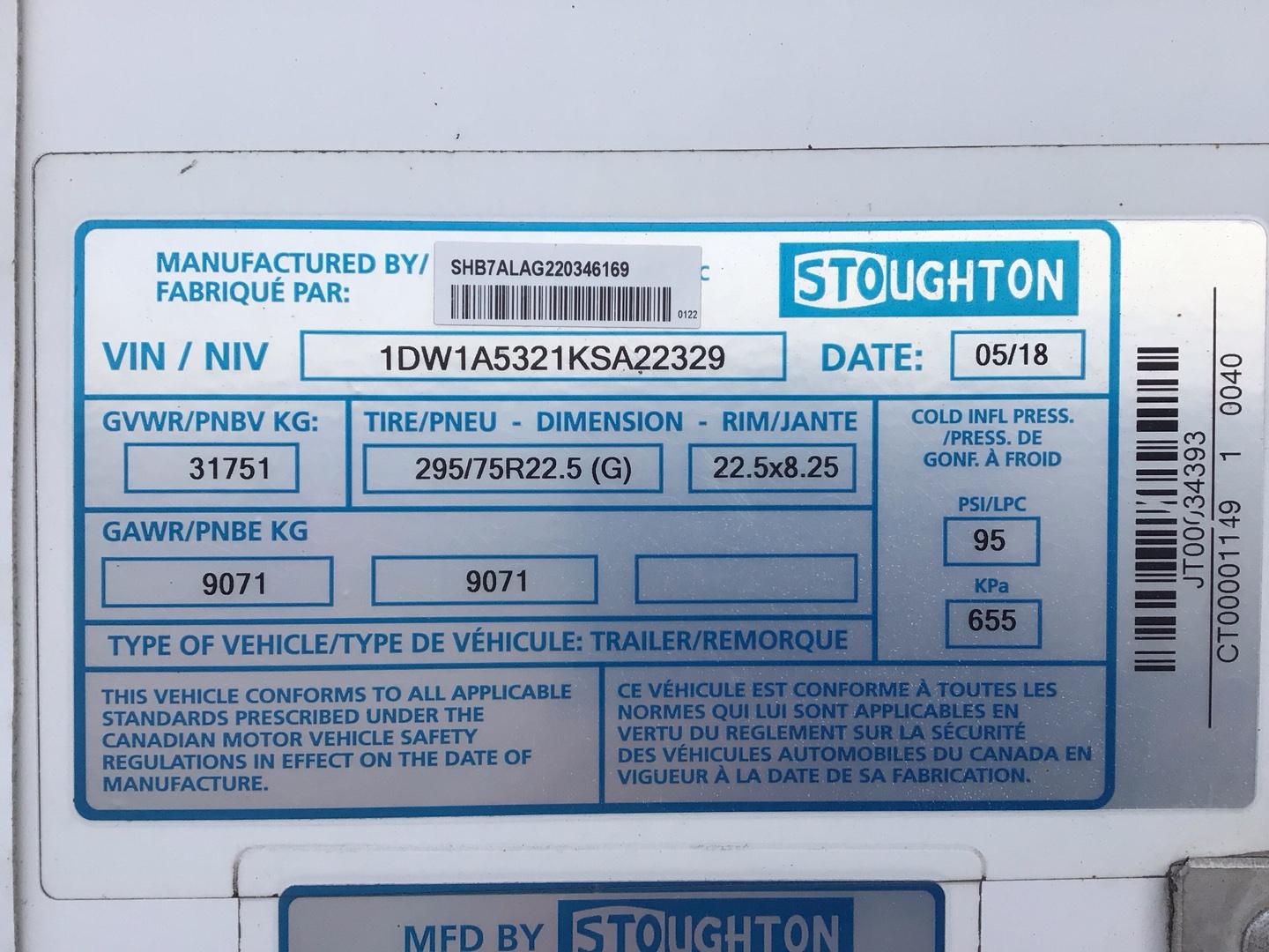 2019 STOUGHTON DRYVAN Serial Number: 1DW1A5321KSA22329