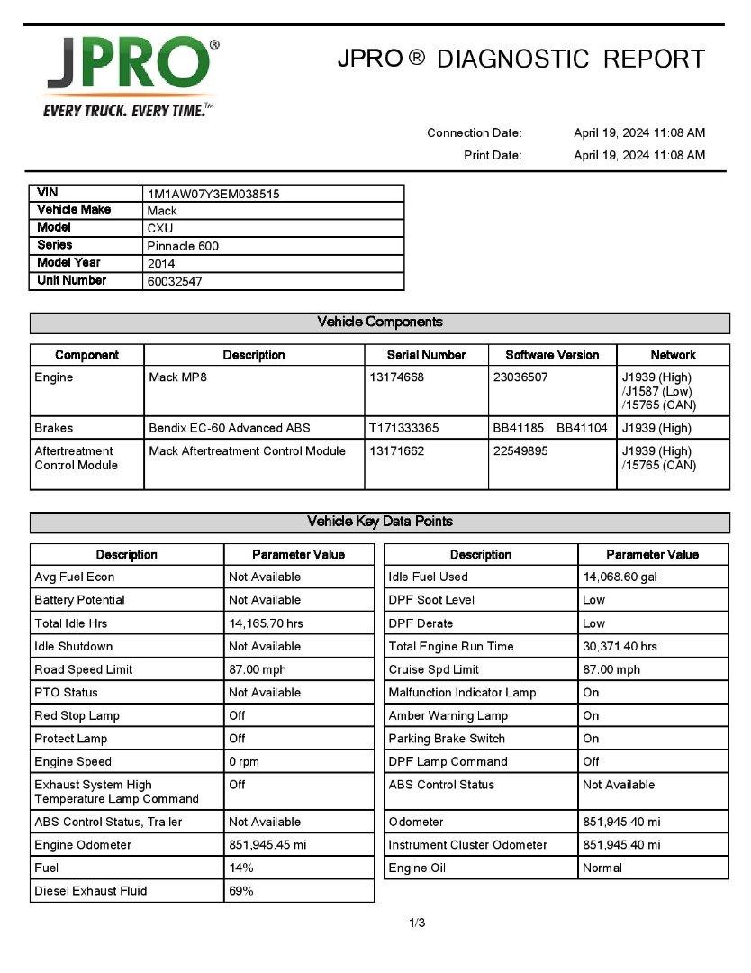 2014 MACK PINNACLE Serial Number: 1M1AW07Y3EM038515