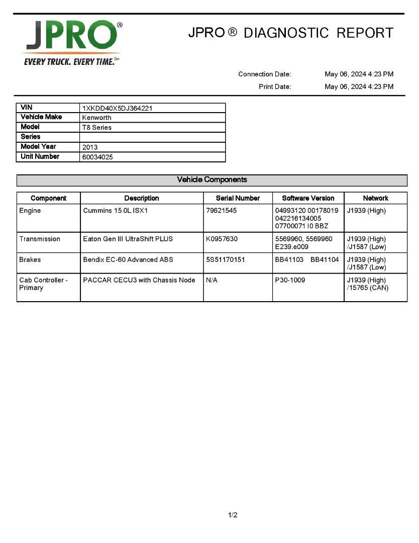 2013 KENWORTH T800 Serial Number: 1XKDD40X5DJ364221