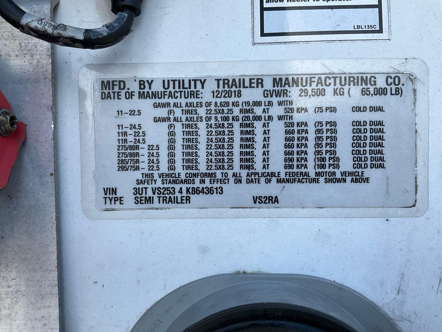 2019 UTILITY  REEFER Serial Number: 3UTVS2534K8643613