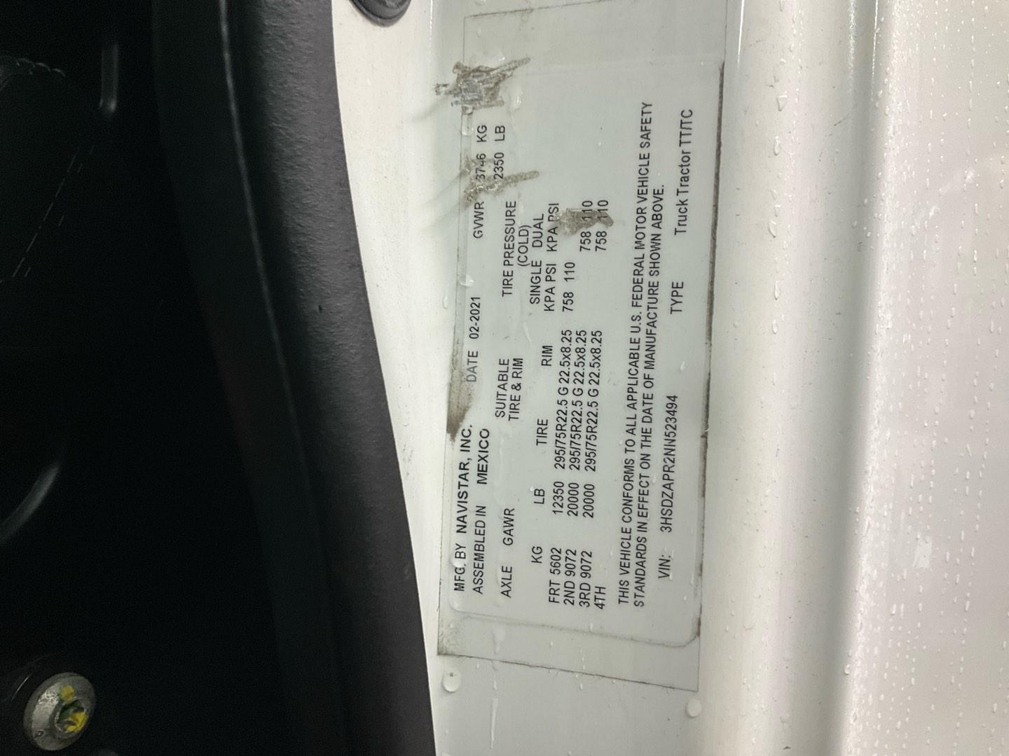 2022 INTERNATIONAL LT Serial Number: 3HSDZAPR2NN523494