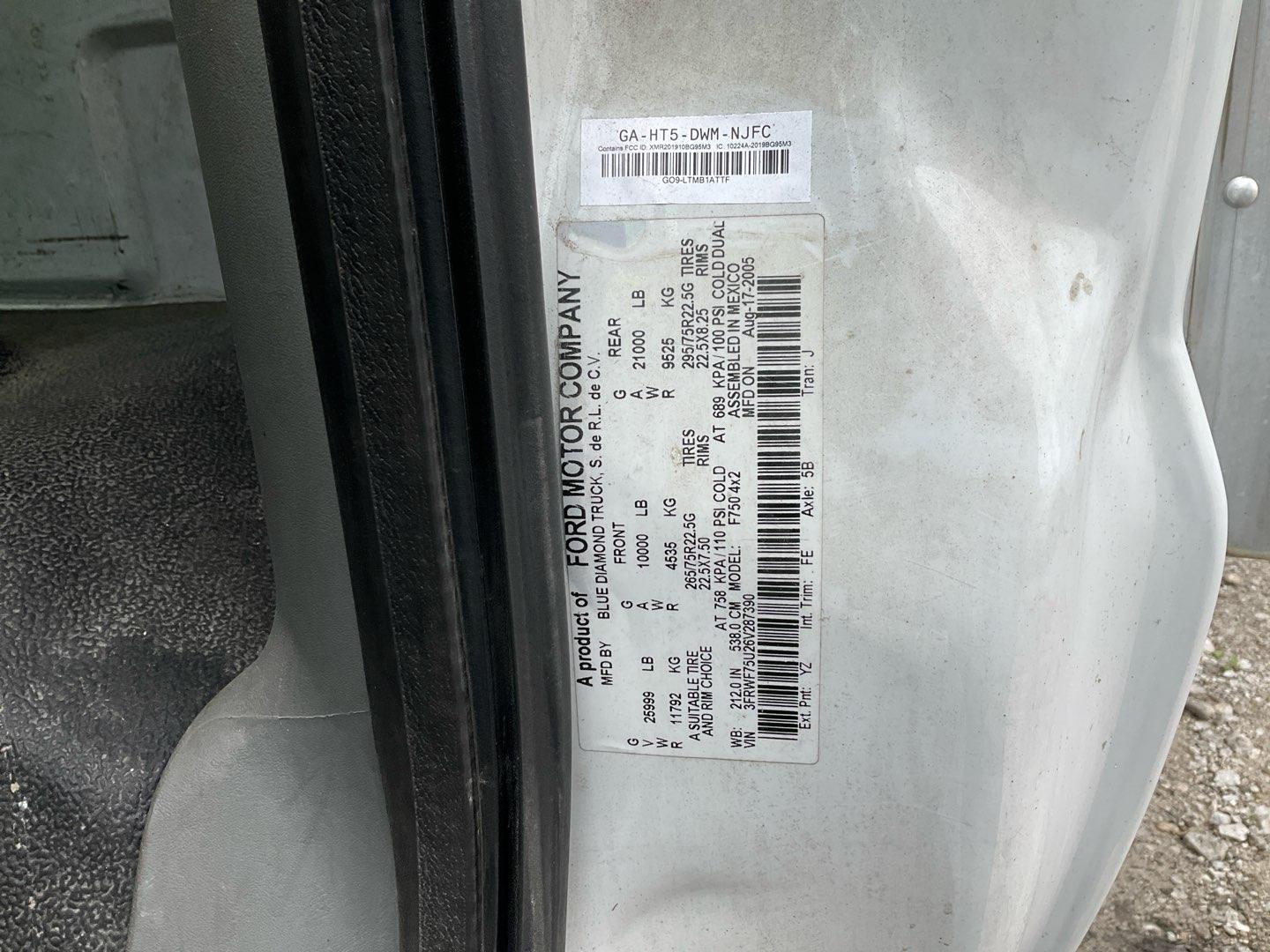 2006 FORD F750 Serial Number: 3FRWF75U26V287390