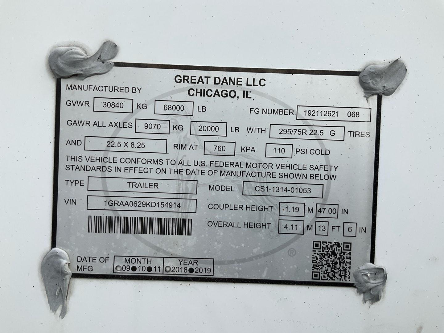 2019 GREAT DANE DRYVAN Serial Number: 1GRAA0629KD154914