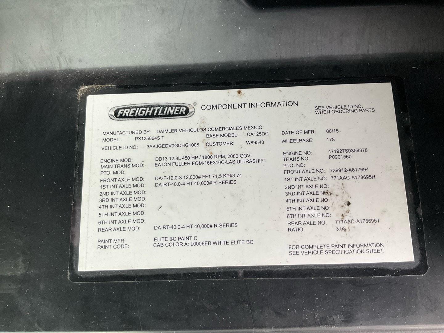 2016 FREIGHTLINER CASCADIA Serial Number: 3AKJGEDV0GDHG1008