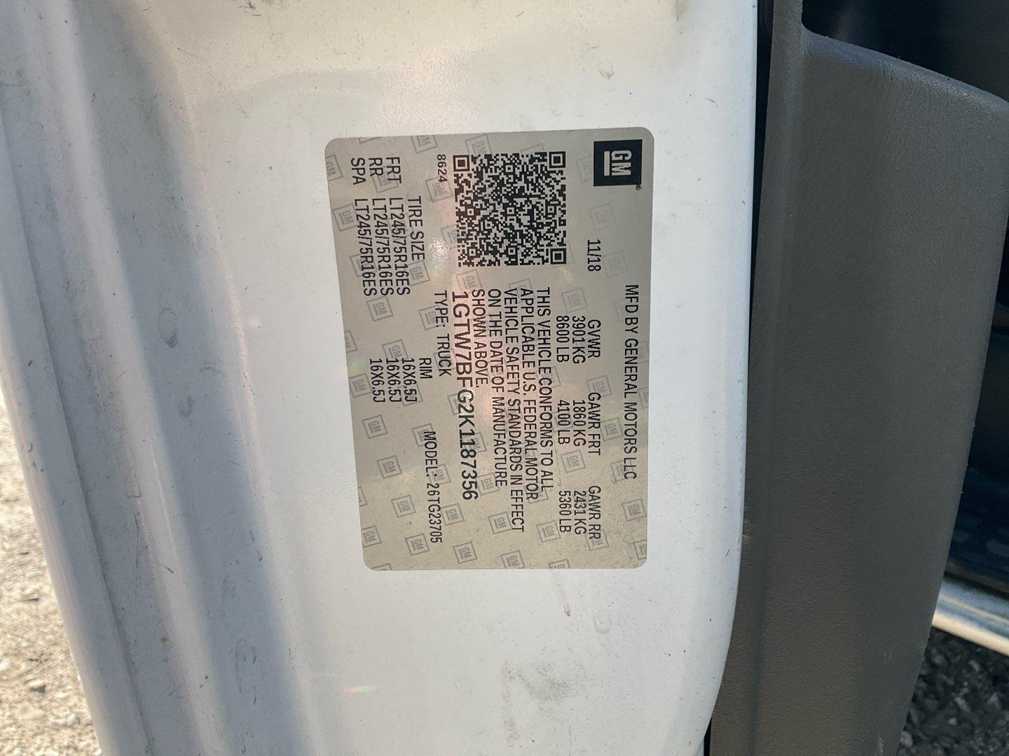 2019 GMC SAVANA CARGO G2500 Serial Number: 1GTW7BFG2K1187356