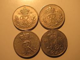Foreign Coins: 1949, 54, 63 & 75  Denmark 10 Ores