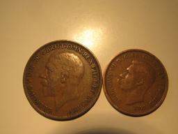 Foreign Coins: Great Britain 1927 Penny & 1943 (WWII) 1/2 Penny