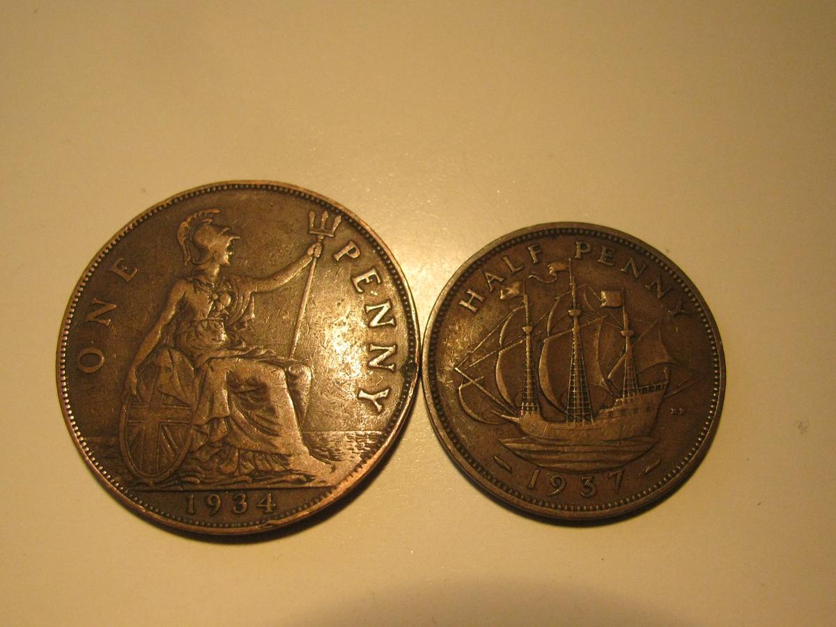 Foreign Coins: Great Britain 1934 Penny & 1937 1/2 Penny