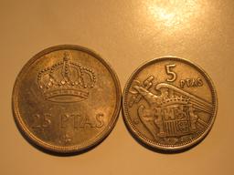 Foreign Coins:  Spain 1957 5 & 1975 25 Ptas coins