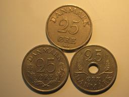 Foreign Coins: 1955, 62 & 67  Denmark 25 Ores