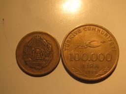 Foreign Coins: 1956Romania 5 Bani & Turkey 100,000 Lira