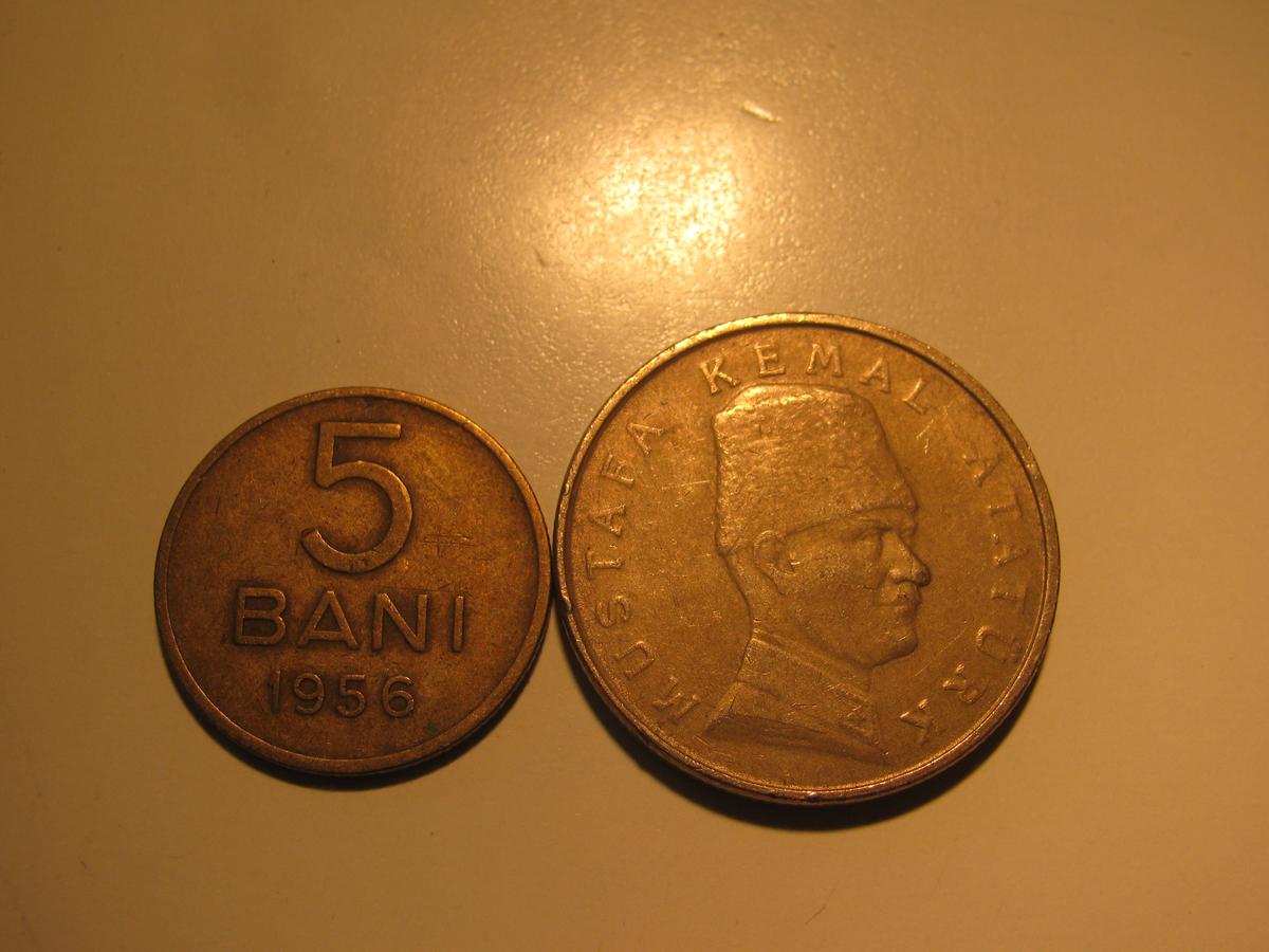 Foreign Coins: 1956Romania 5 Bani & Turkey 100,000 Lira