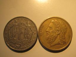 Foreign Coins: Greece 1966 5 & 1988 50 Drachmas