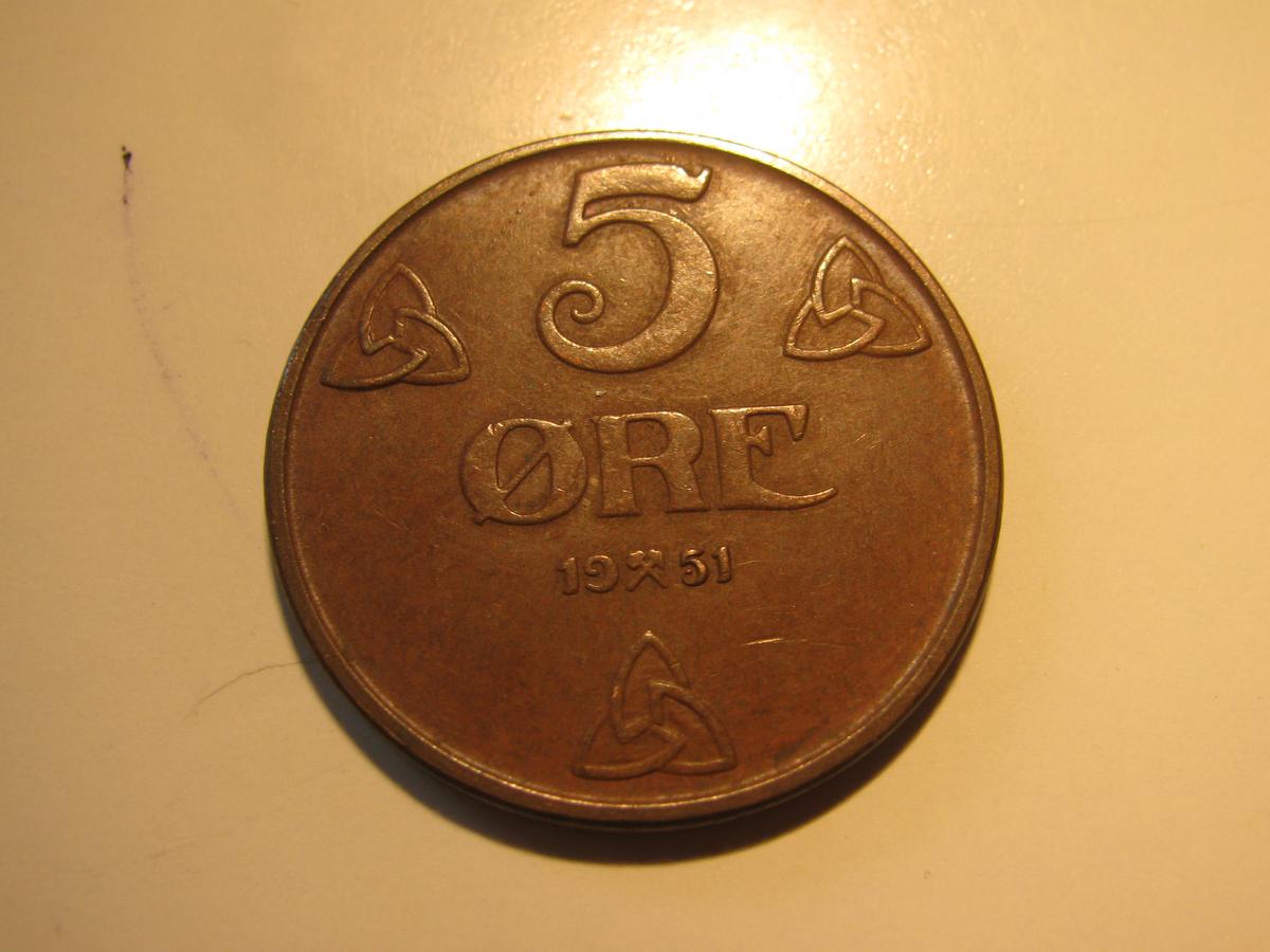 Foreign Coins: 1951 Norway 5 Ore